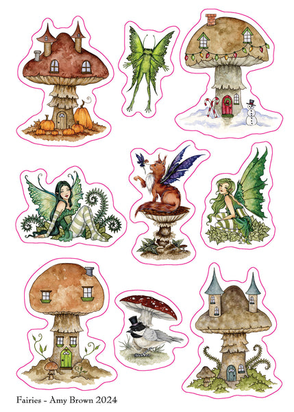 fairies, frog, cat, chickadee, mushroom houses