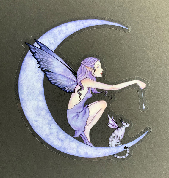 blue fairy and fairy cat sitting on a crescent moon