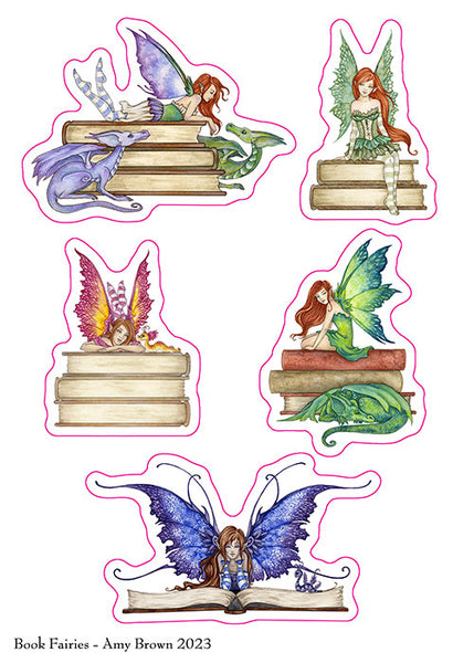 dragon, fairies sitting on books
