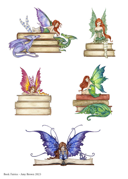 dragon, fairies sitting on books