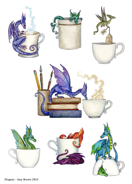 tiny dragons playing around teacups