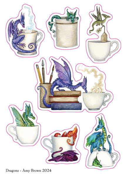 tiny dragons playing around teacups