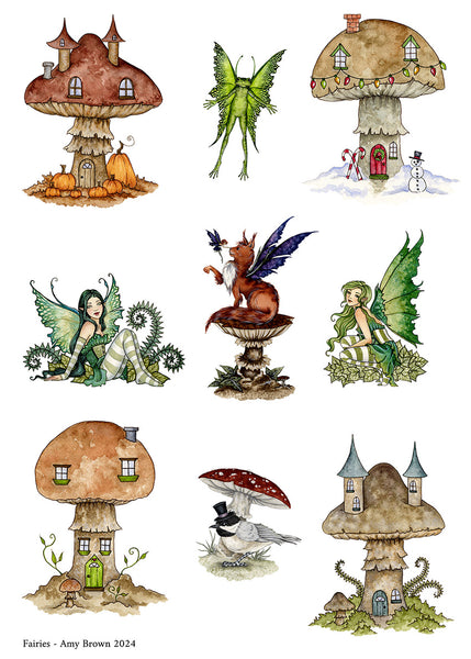 fairies, frog, cat, chickadee, mushroom houses