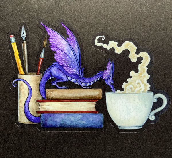 dragon on books looking into a teacup