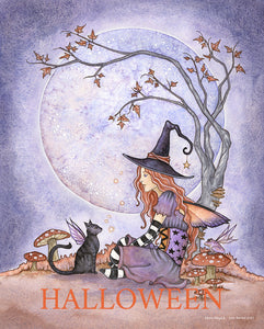 Halloween fairy witch with her black cat sitting in front of a full moon