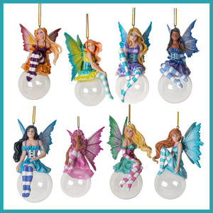 hanging ornaments, various multicolored fairies sitting on bubbles