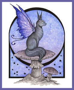 black fairy cat sitting on a mushroom with full moon and stars