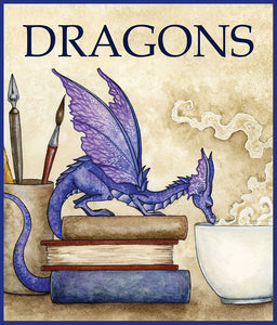 dragon sitting on a stack of books looking into a teacup