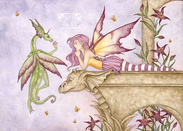 pink fairy looking at green dragon, with lilies and butterlfies