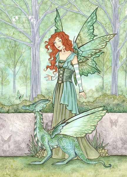 red haired green fairy and dragon walking in the woods