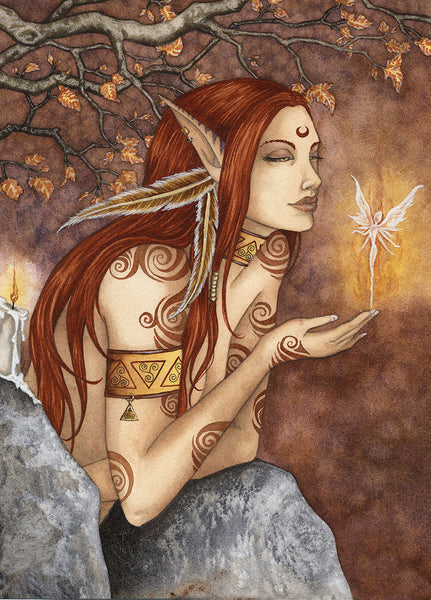 red haired fae with fire sprite and fall leaves