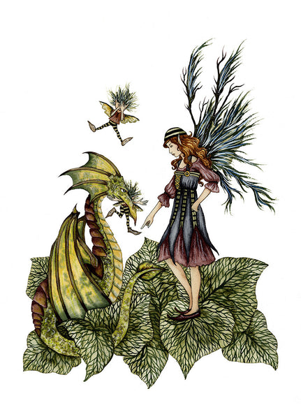 A naughty dragon has a pixie in its mouth and an angry fairy is telling it to drop the pixie. 