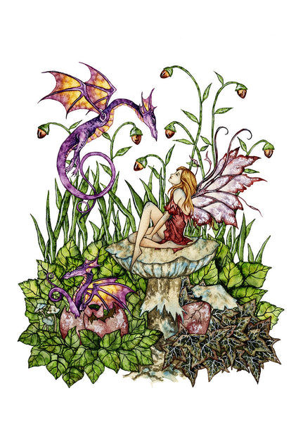 A fairy sits on a mushroom and watches a flying dragon while another dragon hatches from an egg. 