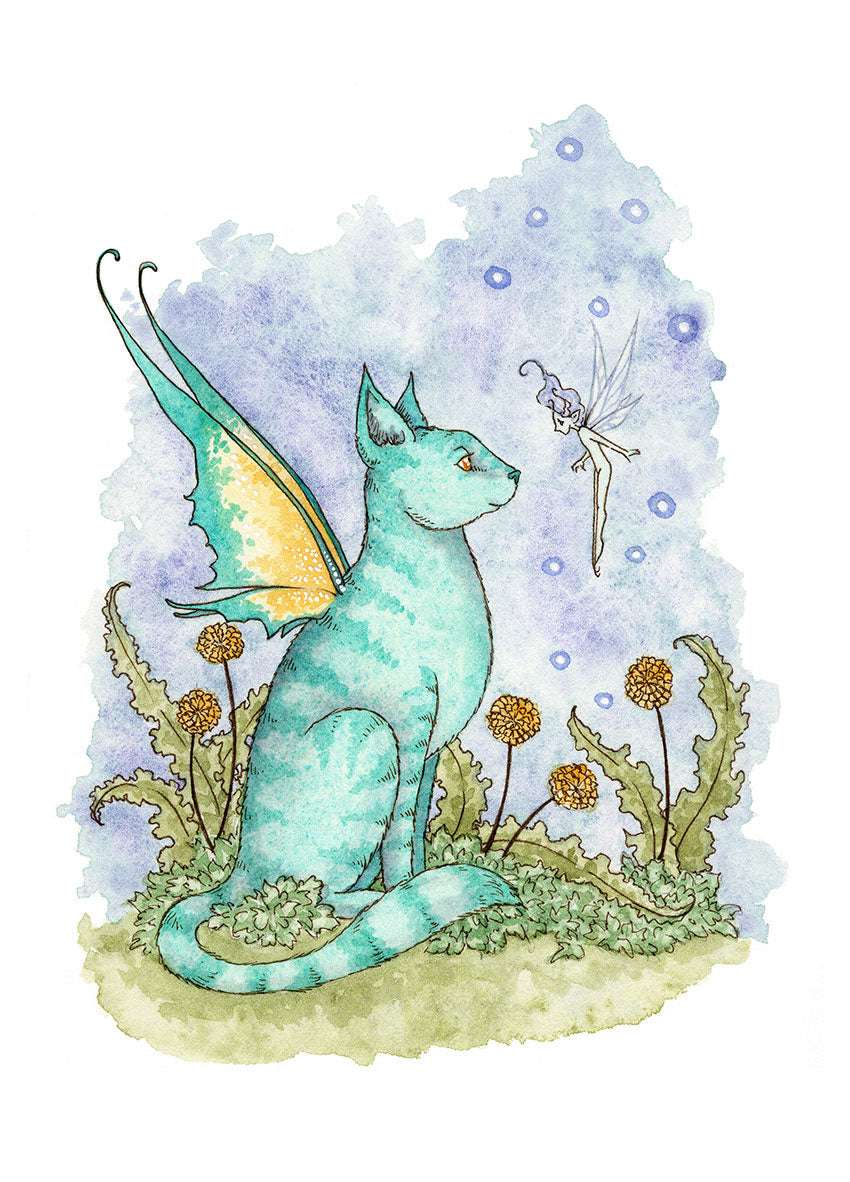 SMALL WATERCOLOR PAINTING - Blue Fairy Cat 5x7