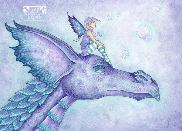 purple and teal fairy sitting on a dragon of the same color, looking at bubbles floating by