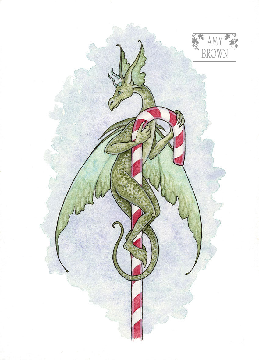 5x7 MINI-PRINT - Candy Cane Dragon
