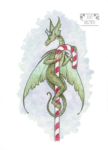 5x7 MINI-PRINT - Candy Cane Dragon