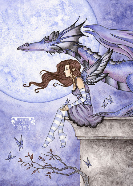 purple fairy and dragon in front of a fullmoon