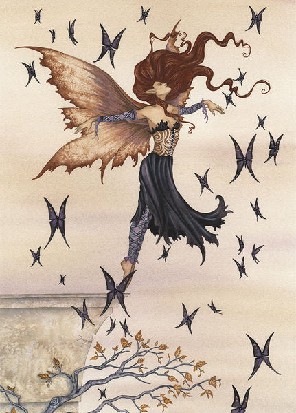 fairy leaping from ledge, surrounded by black butterflies