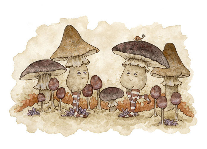 WATERCOLOR PAINTING - Happy Shrooms 5x7