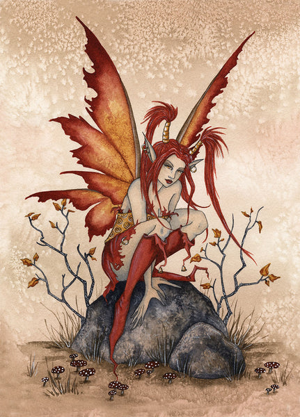 red mischievous fairy perched on rock