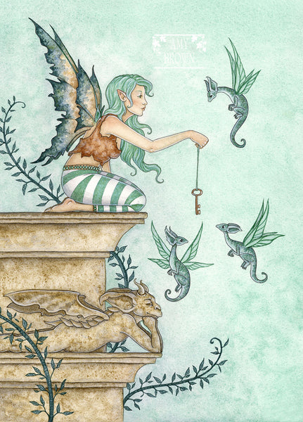 green fairy with 3 tiny green dragons and a contemplative gargoyle