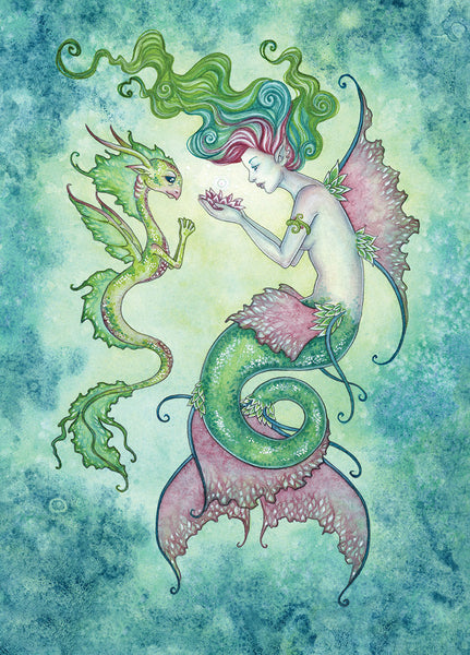 mermaid holding a flower. Sea dragon is looking at the flower. 