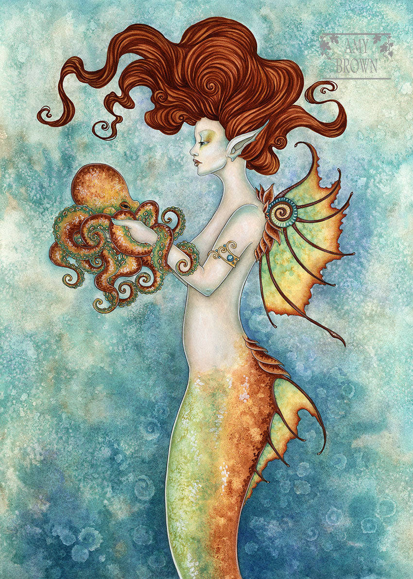 SALE 5x7 MINI-PRINT  - Mermaid & Octopus ONLY 1 AVAIL