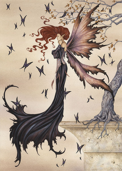 fairy standing on ledge surrounded by black butterflies