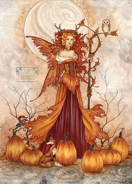 orange fairy with owl, crow, fox, and pumpkins
