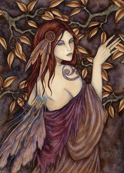 red haired fae with autumn leaves