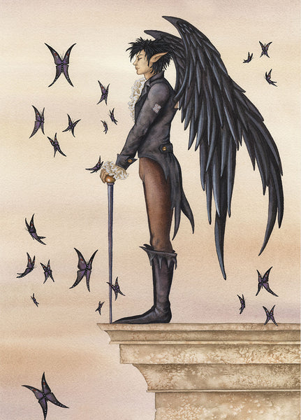 male fairy/angel with black wings standing on ledge surrounded by black butterflies