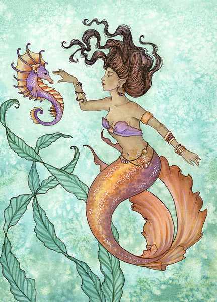 dark skinned coral mermaid with purple seahorse and seaweed