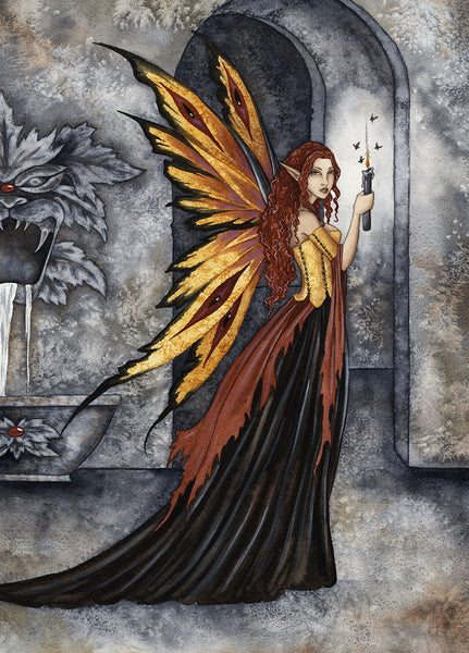 goth fae posing in a stone hallway - black and rust/gold