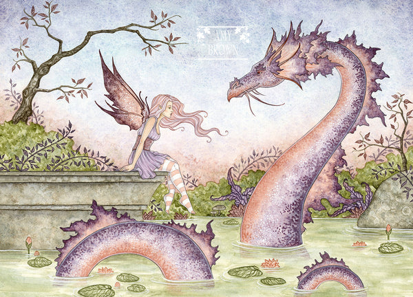 pink fairy with a pink pond dragon emerging from a pond