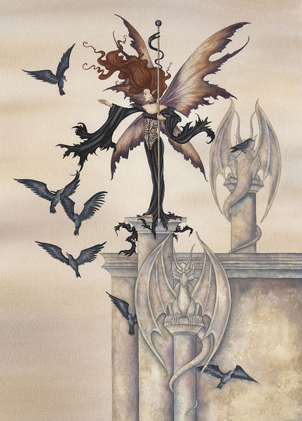 fairy on ledge surrounded by crows