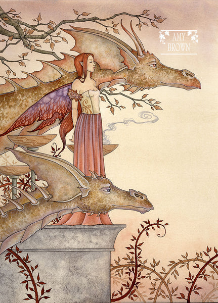 autumnal colored image with a fairy and 2 large dragons gazing into distance