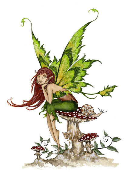 green fairy sitting on a mushroom with a snail