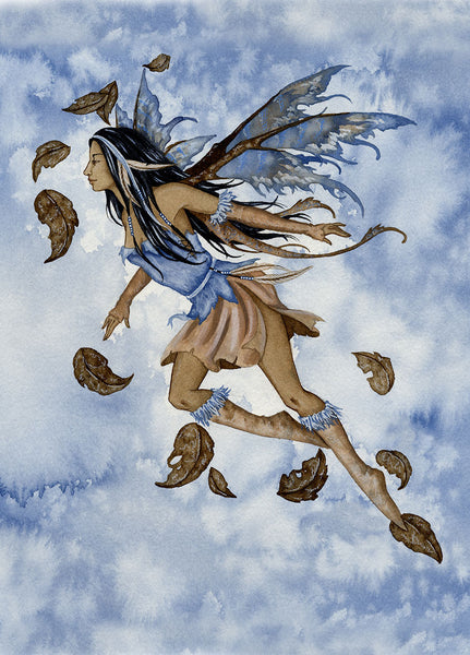 blue & brown wind fairy flying with fall leaves