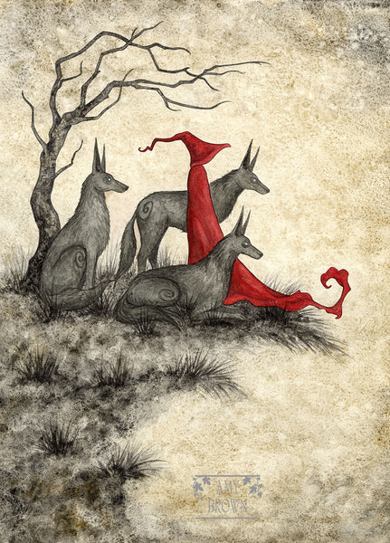 Red Riding Hood & the Big Bad Wolf themed print with 3 wolves.