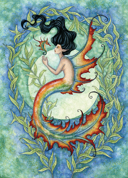 mermaid holding a sea horse with seaweed behind her