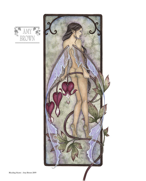 cheeky fairy standing on  bleeding heart (flower) stem with her back facing the viewer