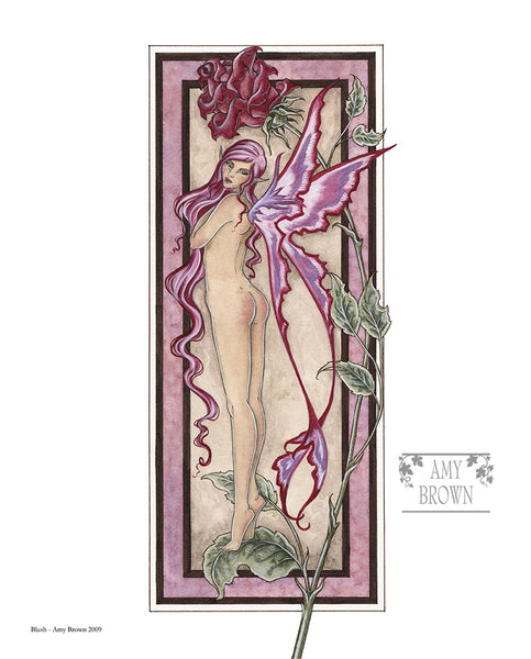 cheeky fairy standing on  a rose leaf with her back facing the viewer
