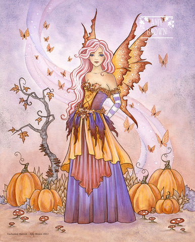 A fall fairy is surrounded by pumpkins and butterflies.