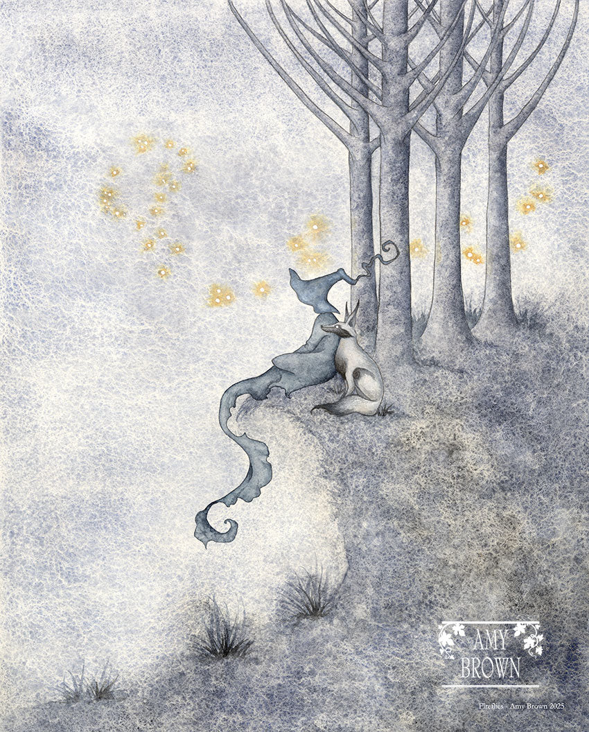 A hooded character and a fox watch fireflies.