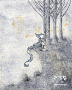 A hooded character and a fox watch fireflies.