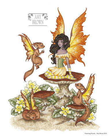 a fairy sits on a toadstool surrounded by tiny fairy squirrels
