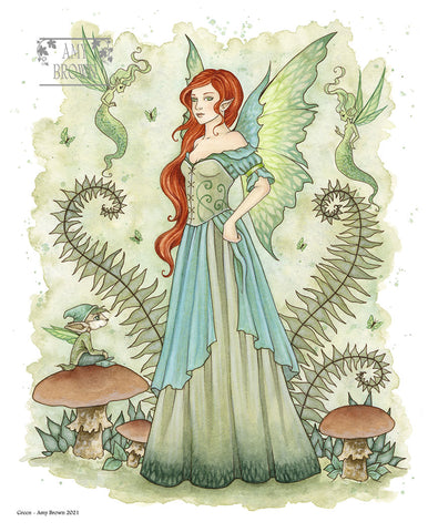 Red haired fairy dressed in green with sprites around her.
