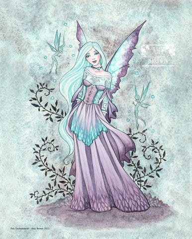 Fairy dressed in pale aqua and dusty purple with sprites around her. 