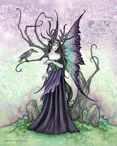 A gothy fairy gossips with a raven.